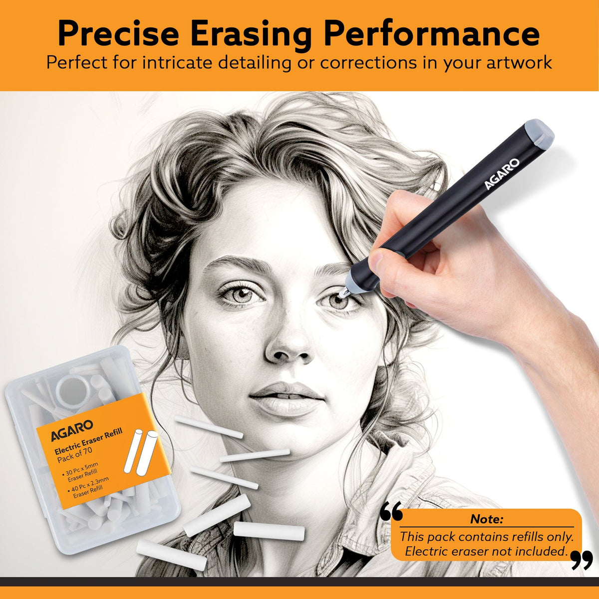 Electric Eraser Refill Pack of 70, 2.3mm & 5mm Eraser, Sketching, Drawing, Portrait Shading