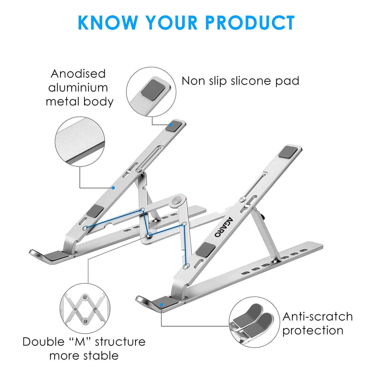 AGARO LS1821 Foldable Laptop Stand, 7 Adjustable Levels, Non Slip Silicone Pads, Aluminium Built, Laptop, Tablet, Books (Silver)