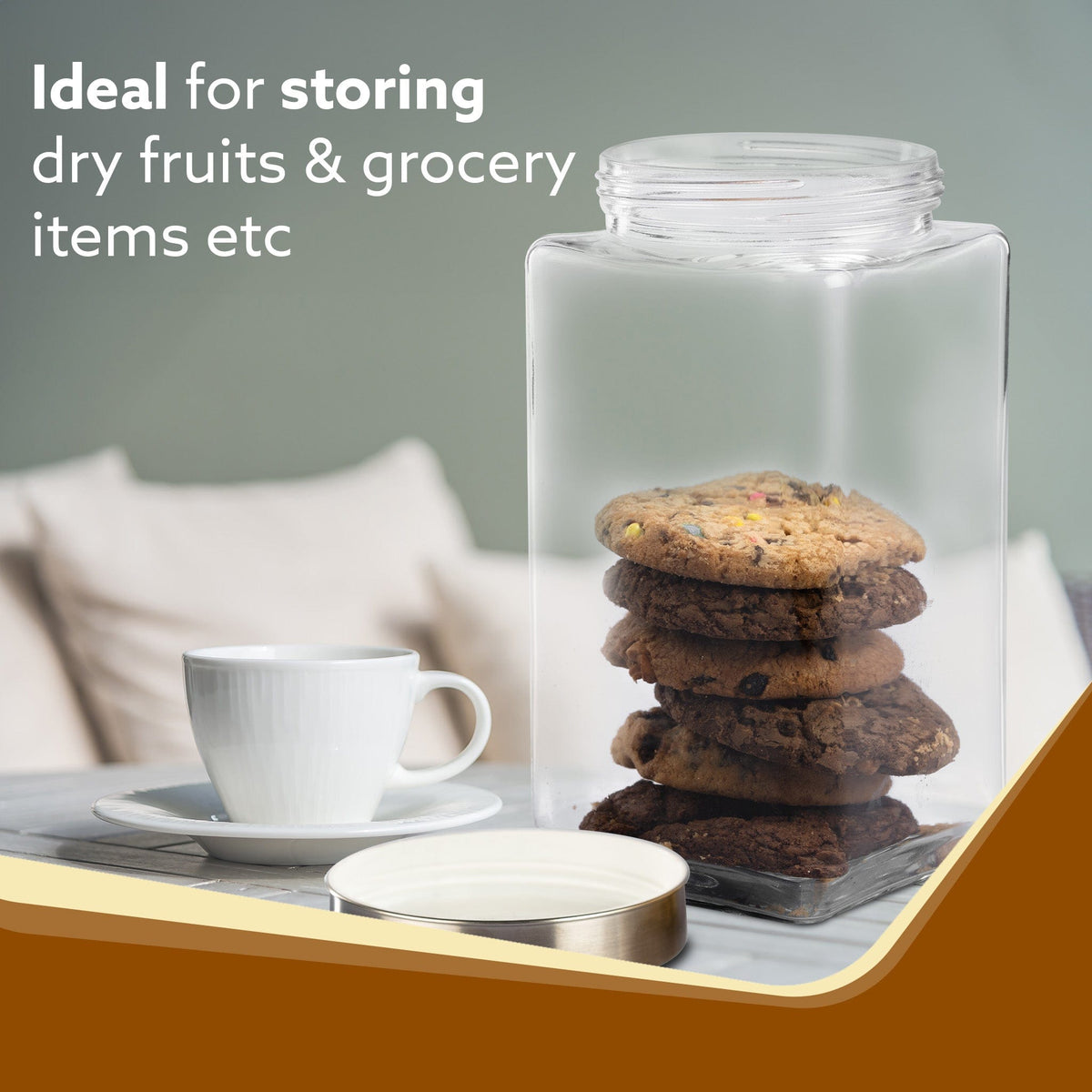 Elegant Glass Jar 2250 ml, Square Shaped, Steel Lid, Storage Glass Container, Transparent, Kitchen Organiser, Multipurpose Jar