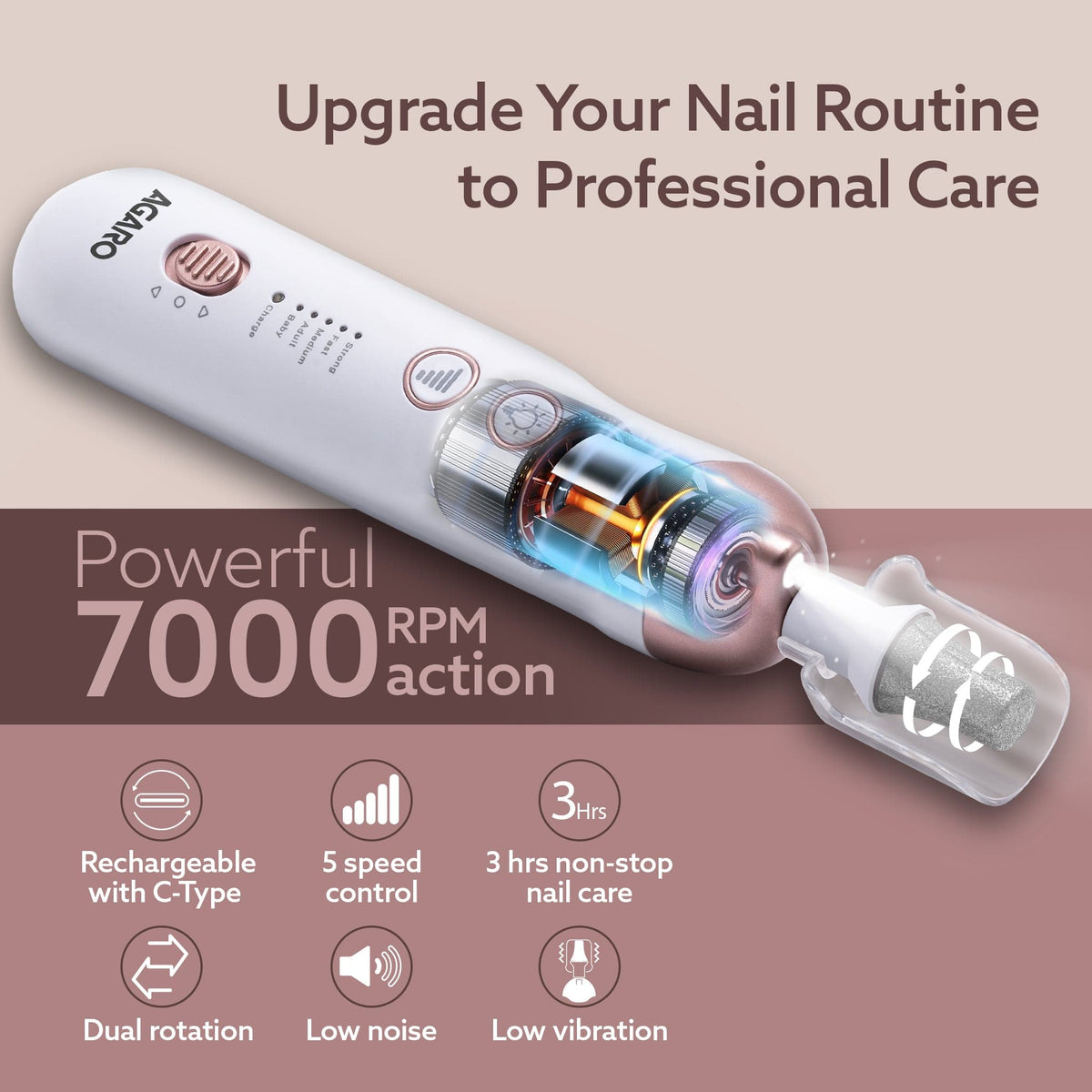 Prima Nail Drill & Polisher, Professional Nail Care at Home, Electric Nail Polisher, Manicure & Pedicure, Shape, Trim & Polish, 5 Speed, 8 Attachments, Rechargeable with Type C, Women, Men