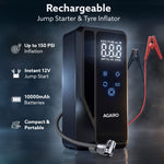 Elite Tyre Inflator & Jump Starter, for Cars, Bikes & Balls, 14.8V, Upto 150 PSI, 10000 mAh Power Bank, LED Light, Digital Display, Multiple Nozzles