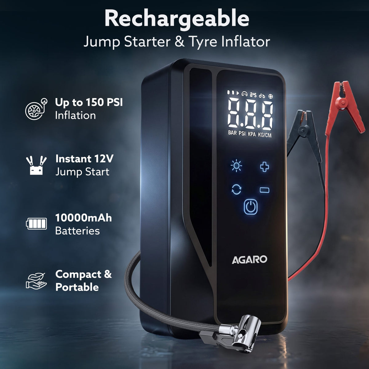 Elite Tyre Inflator & Jump Starter, for Cars, Bikes & Balls, 14.8V, Upto 150 PSI, 10000 mAh Power Bank, LED Light, Digital Display, Multiple Nozzles