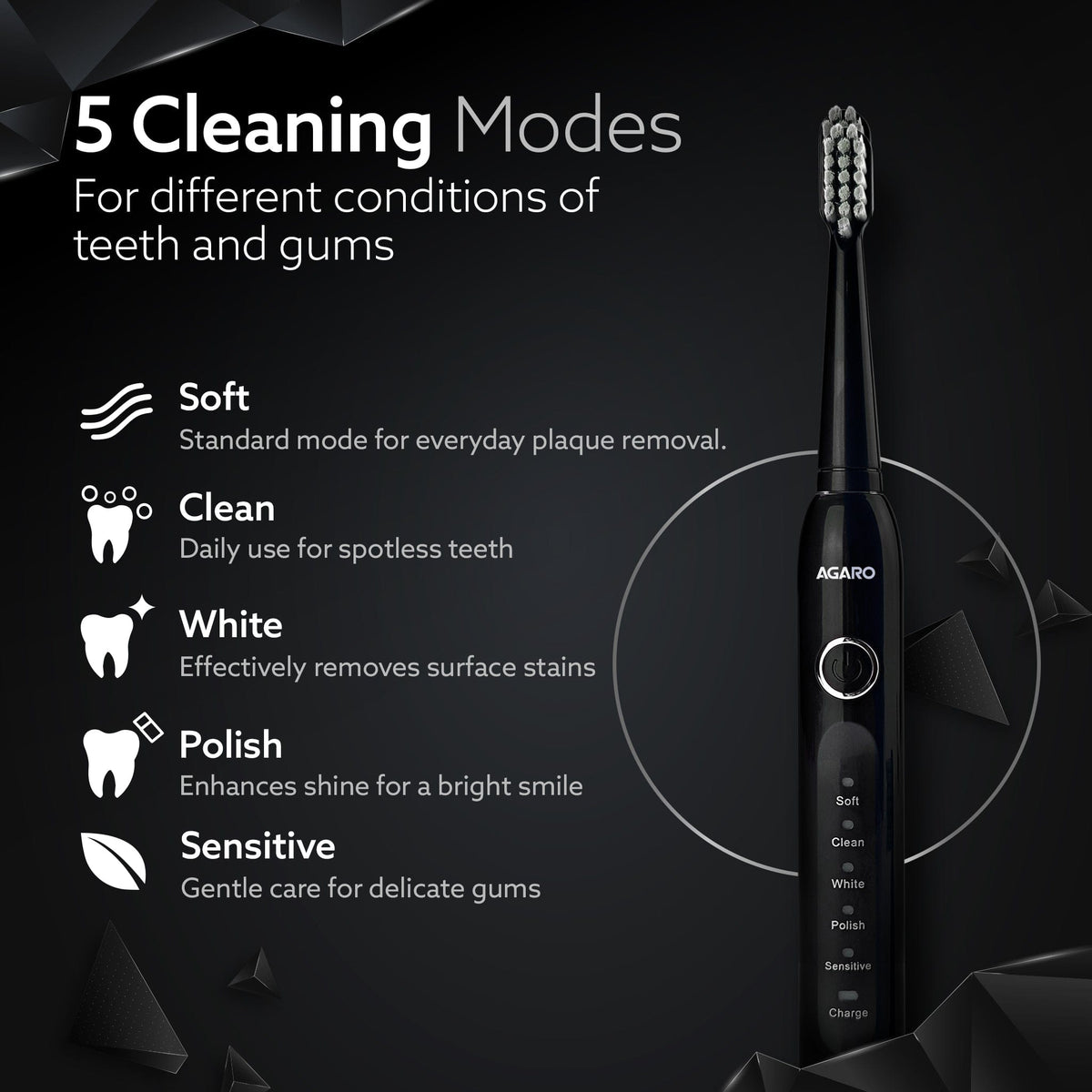 COSMIC ADVANCE Sonic Electric Tooth Brush For Adults With 5 Modes, 2 Brush Heads & Rechargeable With 4 Hours Charge Lasting Up To 25 Days, Power Toothbrush, (Black)
