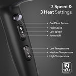 2000W AC Professional Hair Dryer with Comb, Concentrator & Diffuser Nozzles, Hot & Cold Air, 2 Speed & 3 Temperature Settings with Cool Shot, 16A Socket, Hair Dryer & Blower for Men, Black