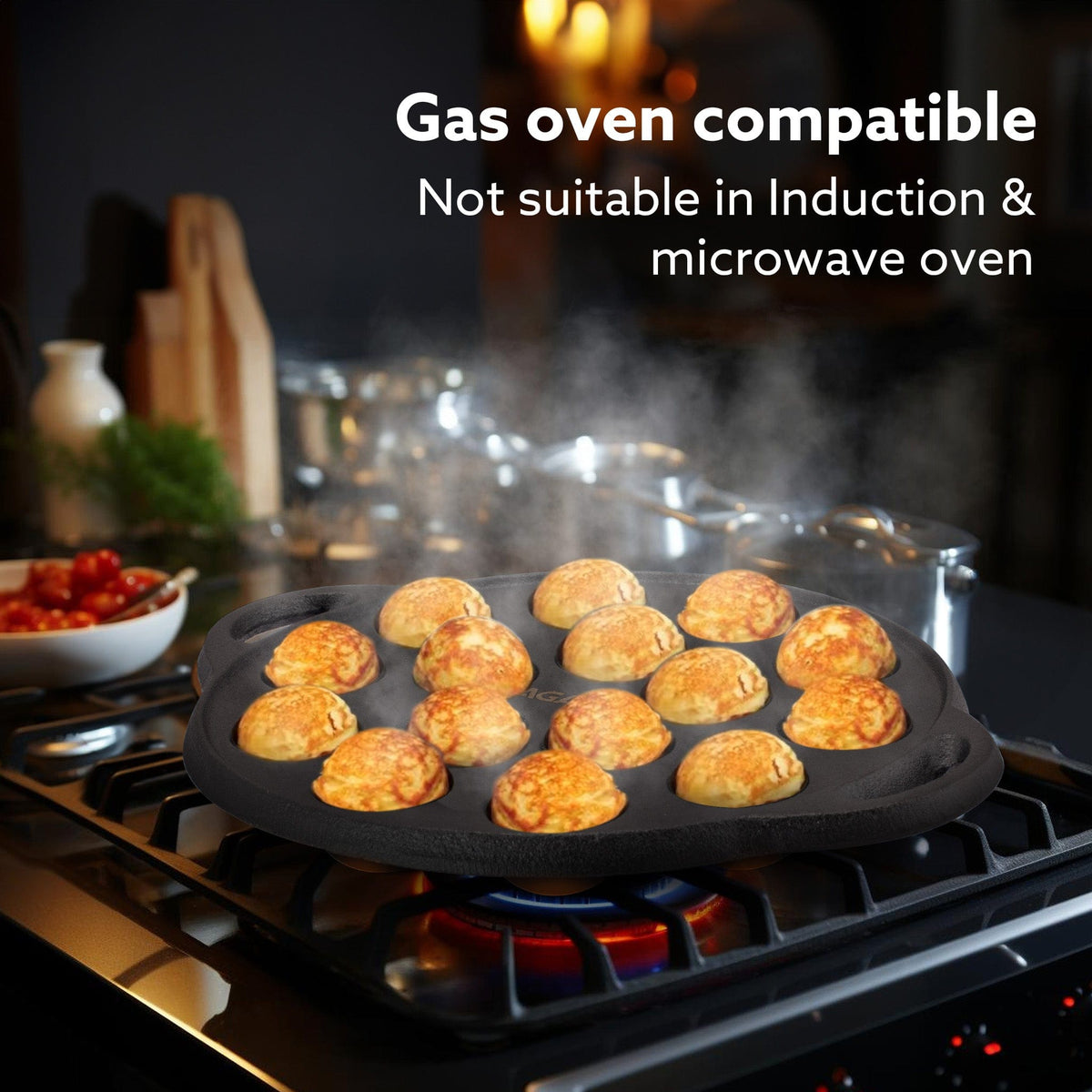 Royal Pre-Seasoned Cast Iron Paniyaram Pan, 15 pits (4cm x 2cm Each), No Chemical Coating, Rigid Handle, Fast Heating, Gas Oven Compatible, Appe, Gunta Ponganalu, Paddu, Kuzhi & Litti