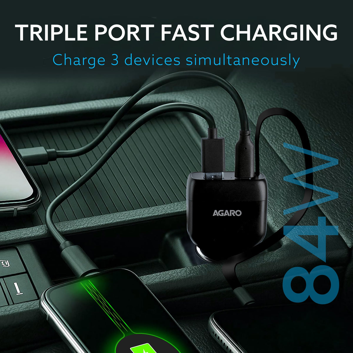 Turbo 84W 3 in1 Car Charger with 86 cm Retractable Cable (30W Type-C PD) & Dual Port (18W USB-A & 30W Type-C) for Android, iPhone, iPad, Earbuds, Tablet, Power Bank & USB-powered devices (Black)