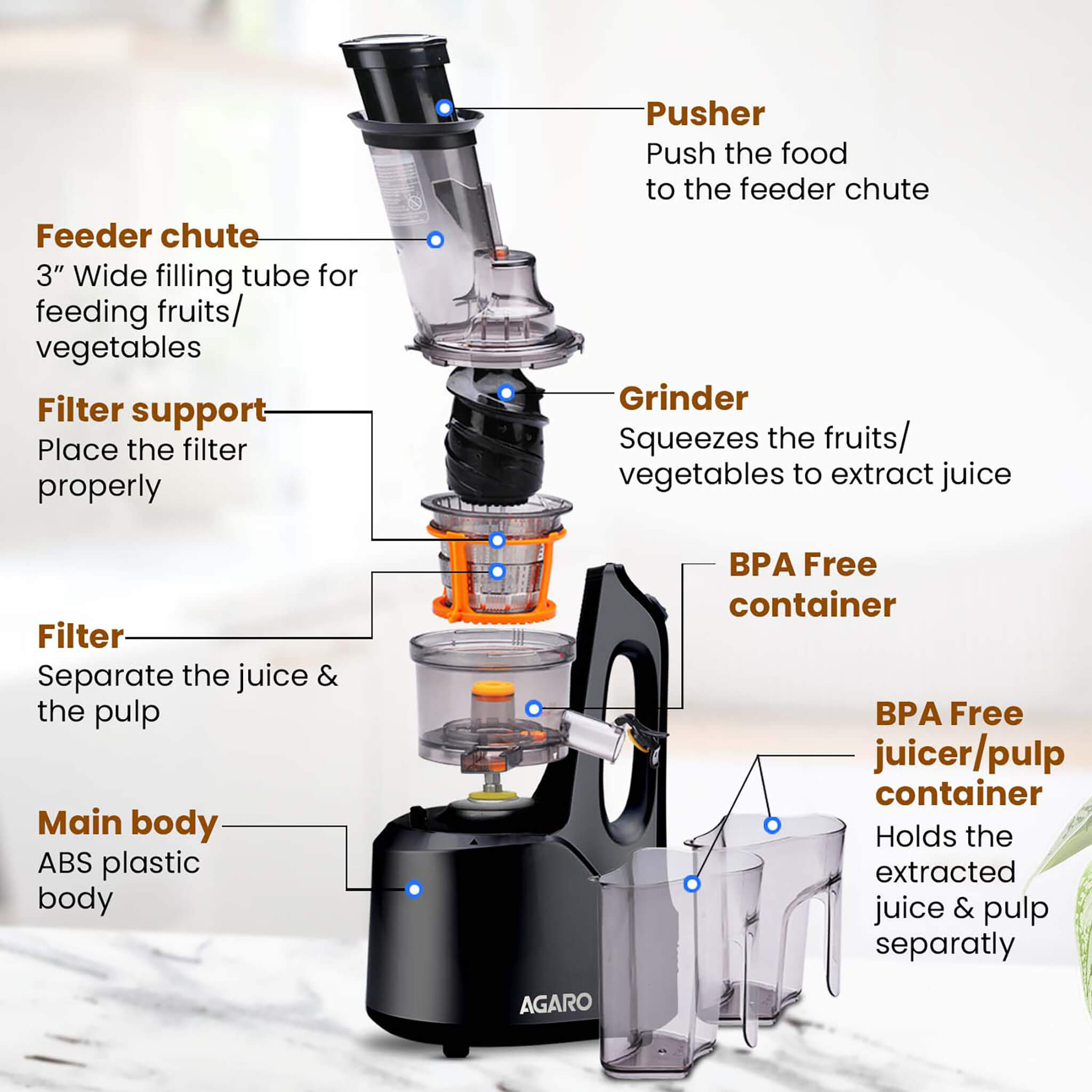 AGARO Imperial Slow Juicer, Professional Cold Press Whole Slow Juicer, 240  Watts Power Motor, 3 Strainers, All-in-1 Fruit & Vegetable Juicer