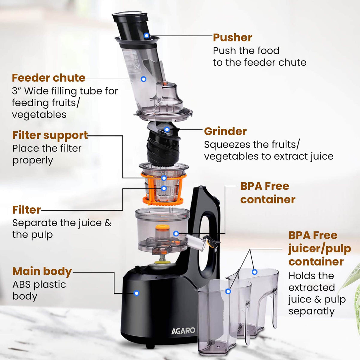 Royal Slow Juicer - Black | Best Cold press Slow juicer with 2 Jars, 3 Strainers