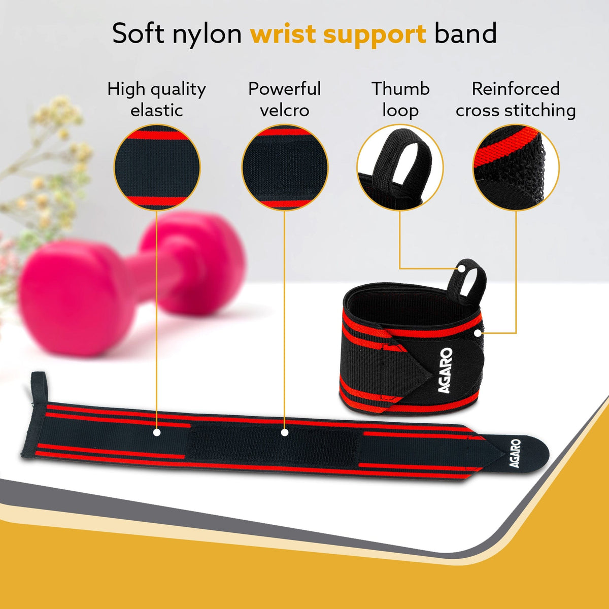 Wrist Support with Thumb Loop Straps, for Gym, Fitness & Weightlifting, Made of Velcro & Elastic Band, for Men & Women, Set of 2, Universal Size ( Black & Red )
