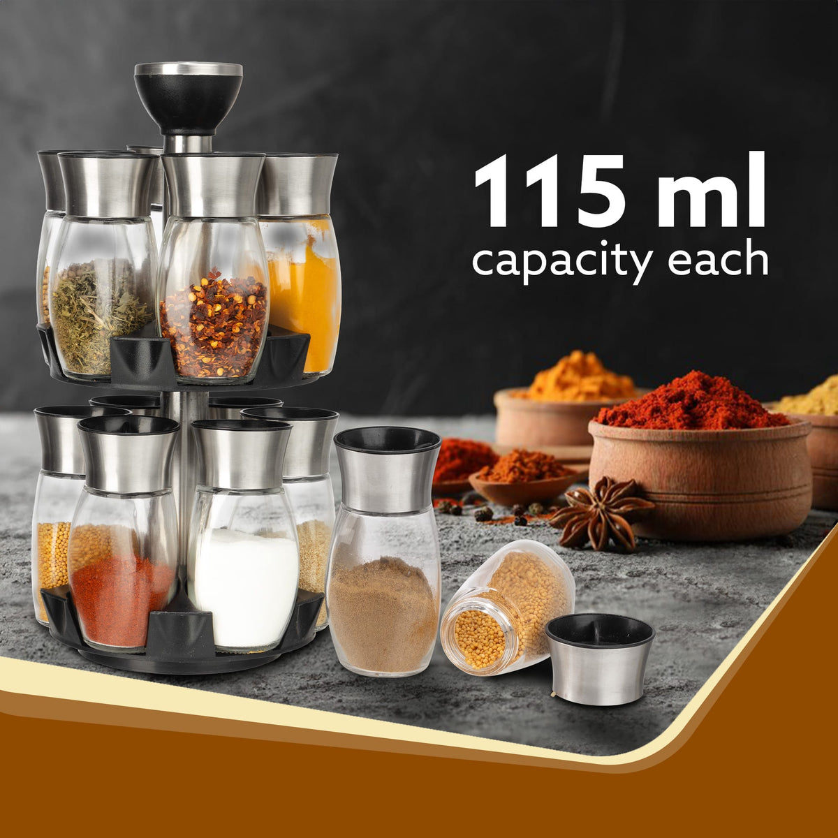 Elegant Glass Spice Jar with Holder, Set of 12, Spinning Spice Storage Rack, Rotating Spice Holder, Spice Containers, Spice Seasoning Organizer, Masala box for Kitchen, Kitchen Storage Rack