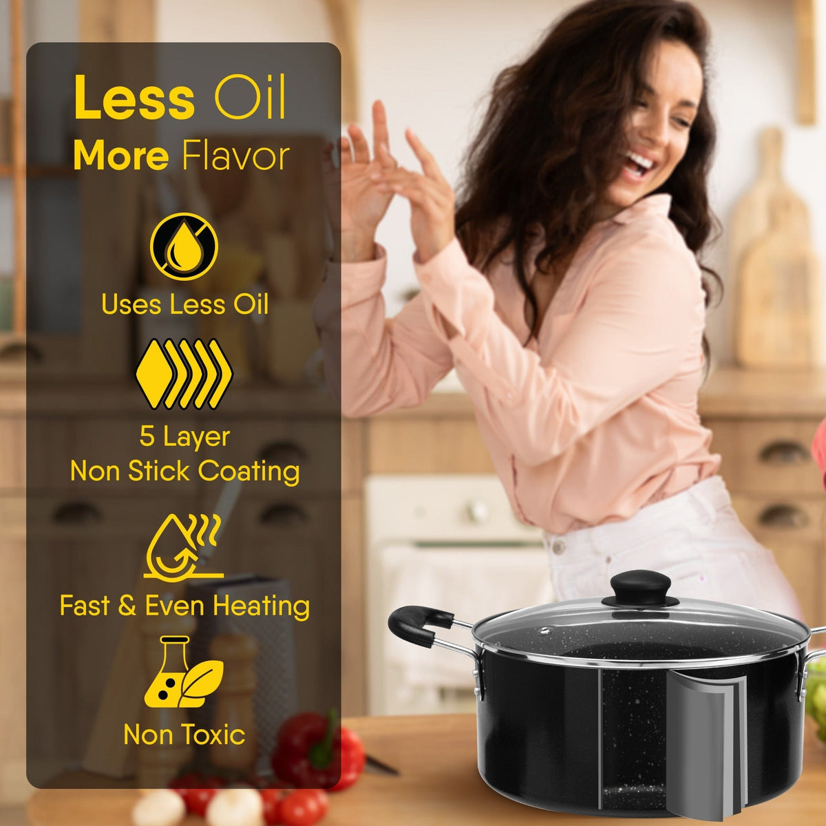Elegant Non Stick  Biryani Pot with Glass Lid,  26 cm Diameter, 5.5L Capacity, Non Stick Coated Aluminium Pot, Side Handle, Gas & Induction Oven Compatible, Biriyani, Pulao