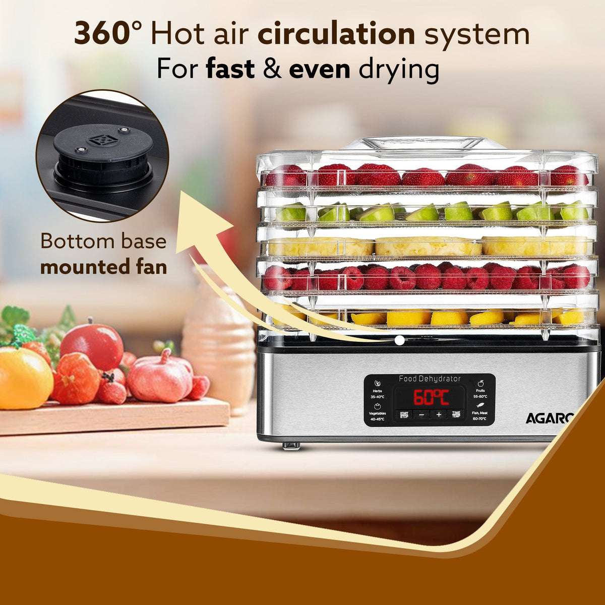Regal Food Dehydrator, 5 Stackable Stainless Steel Trays, Digital Adjustable Timer & Temperature Control, Food Preserver Machine with Drying Capacity for Fruits, herbs, Veggies, Silver