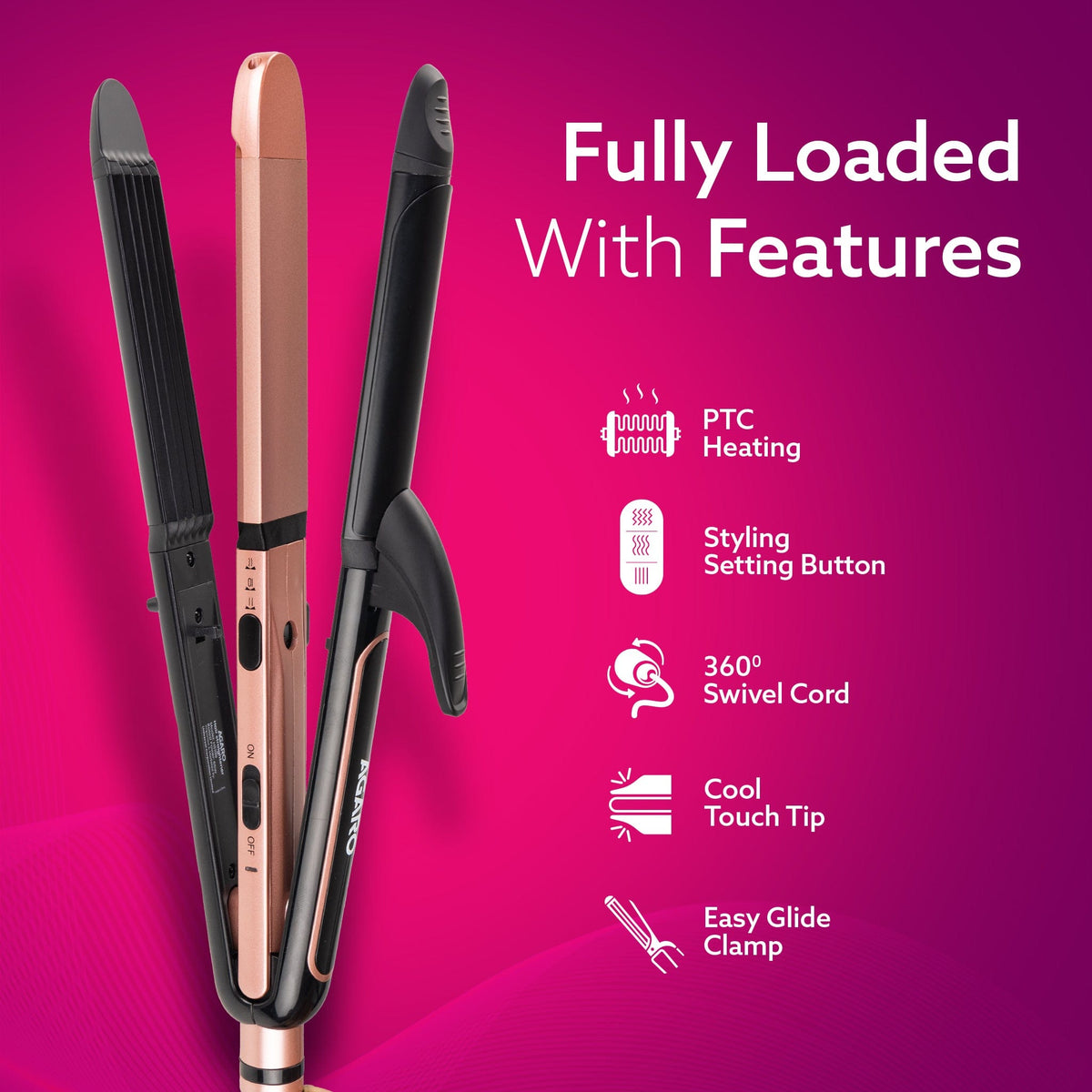 3in1 Hair Styler, Straightener, Crimper, Curler For Women HS1119, Keratin Infused Ceramic Coated Plate, Variable Style Settings, Hair styling, Colour Black & Rose Gold