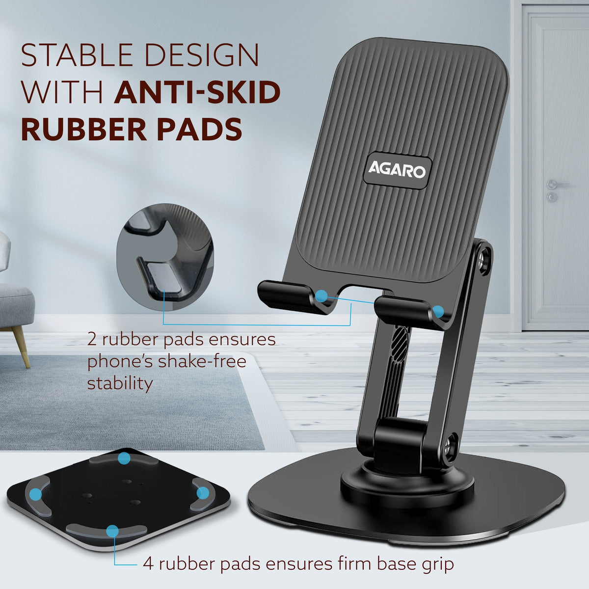360° Revolving Mobile Stand, Foldable & Sturdy Metal Stand with 360° Rotation, Multiple Height & Angle Adjustments & Anti-Slip pads for Desk, Compatible with Smartphones, Tablets, Kindles & iPad