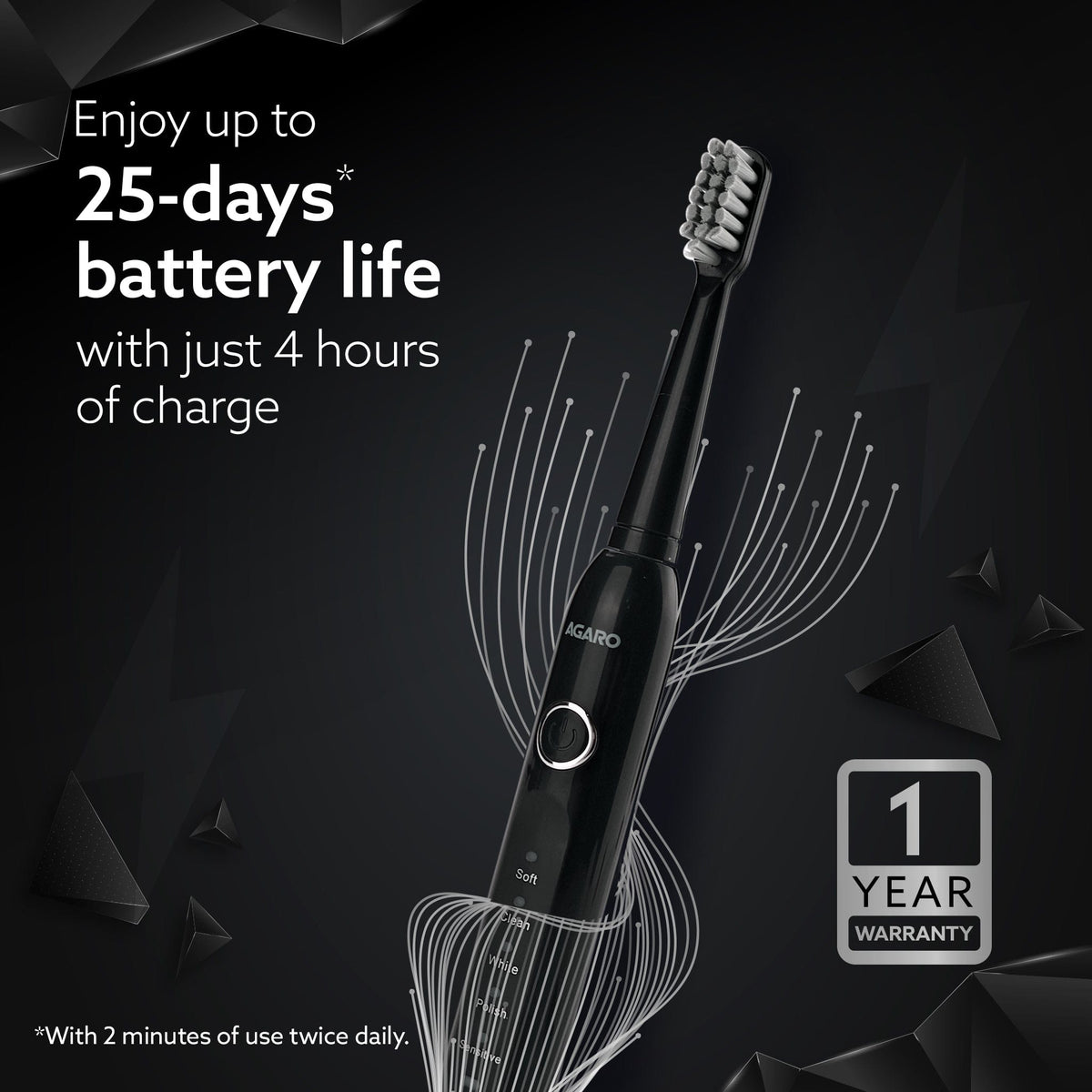 COSMIC ADVANCE Sonic Electric Tooth Brush For Adults With 5 Modes, 2 Brush Heads & Rechargeable With 4 Hours Charge Lasting Up To 25 Days, Power Toothbrush, (Black)