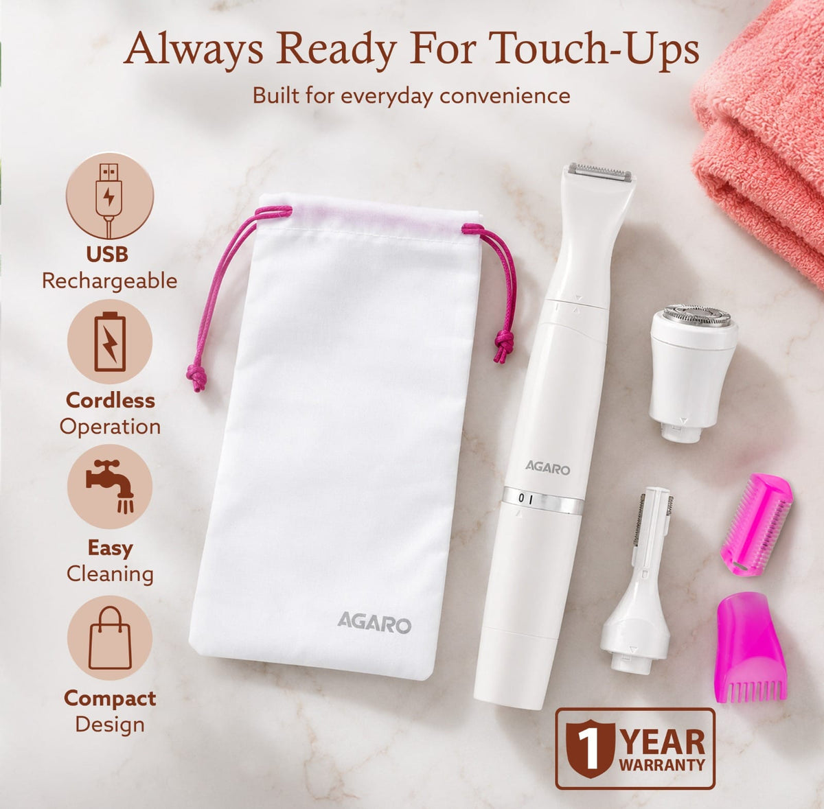 Rechargeable 3-in-1 Multi Trimmer For Women, Multipurpose Hair Remover for Women, Face, Leg, Eyebrow, Underarms, Bikini Trimmer, 90 minutes Runtime, White