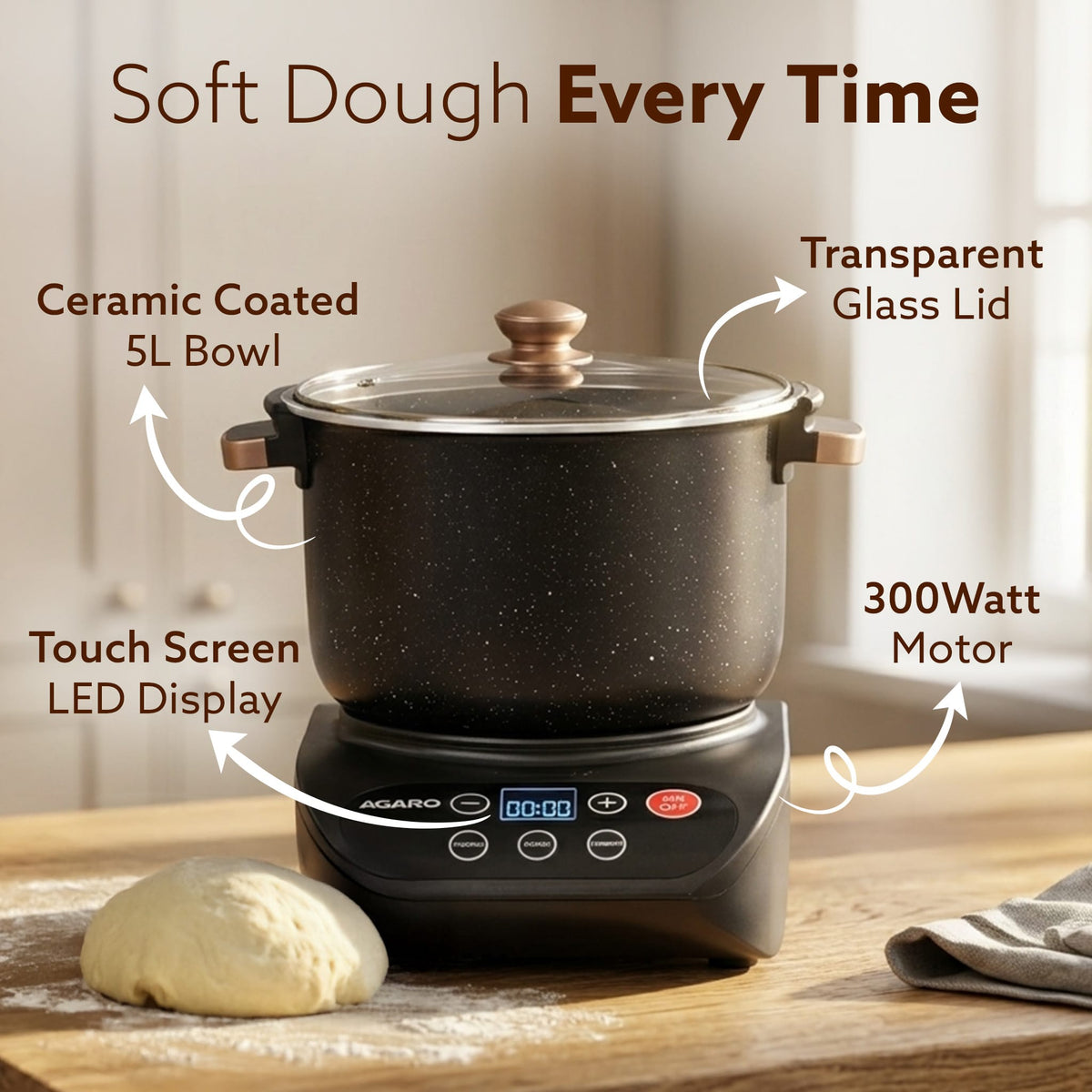 Regal Dough Maker Machine, 5L, 300W Electric Atta Maker with Automatic Dough Kneading, Ceramic-Coated Stainless Steel Bowl with lid