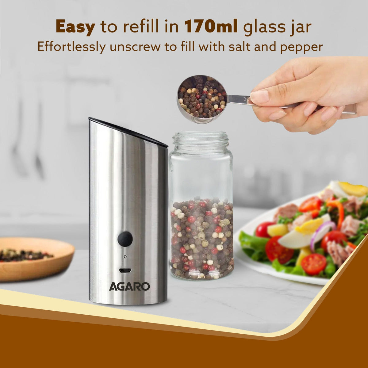 Gravity Salt & Pepper Automatic Grinder, Refillable, Adjustable Coarseness, Gravity Electric Salt Pepper Mill & Shaker, Rechargeable, Stainless Steel