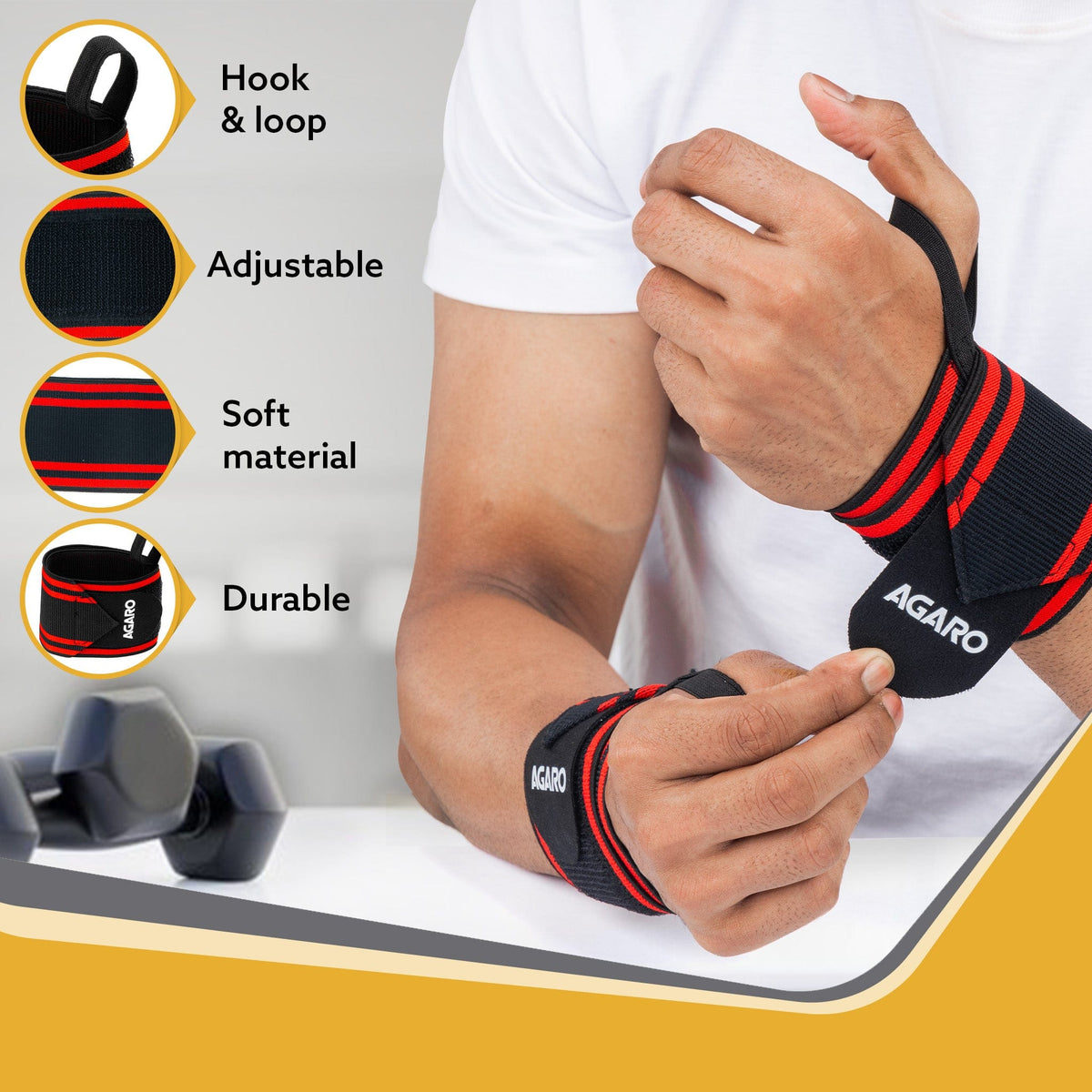 Wrist Support with Thumb Loop Straps, for Gym, Fitness & Weightlifting, Made of Velcro & Elastic Band, for Men & Women, Set of 2, Universal Size ( Black & Red )
