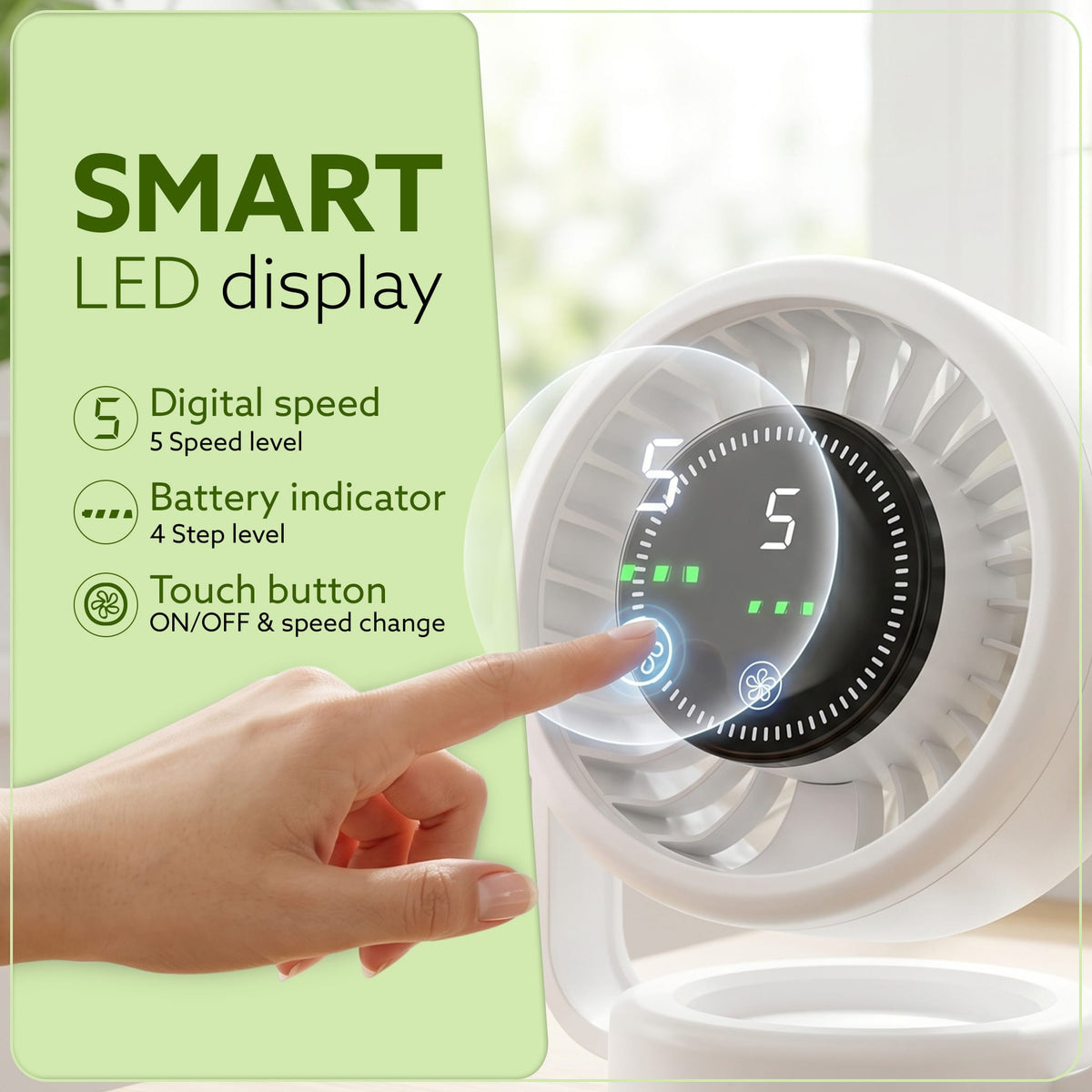 Regal Rechargeable Digital Desk Fan, 6 Inch, 3600mAh Battery, 5 Speeds, Type-C Charging, LED Display, Brushless Motor, Low Noise Operation, Personal Mini Table Fan for Home Office Bedroom Travel