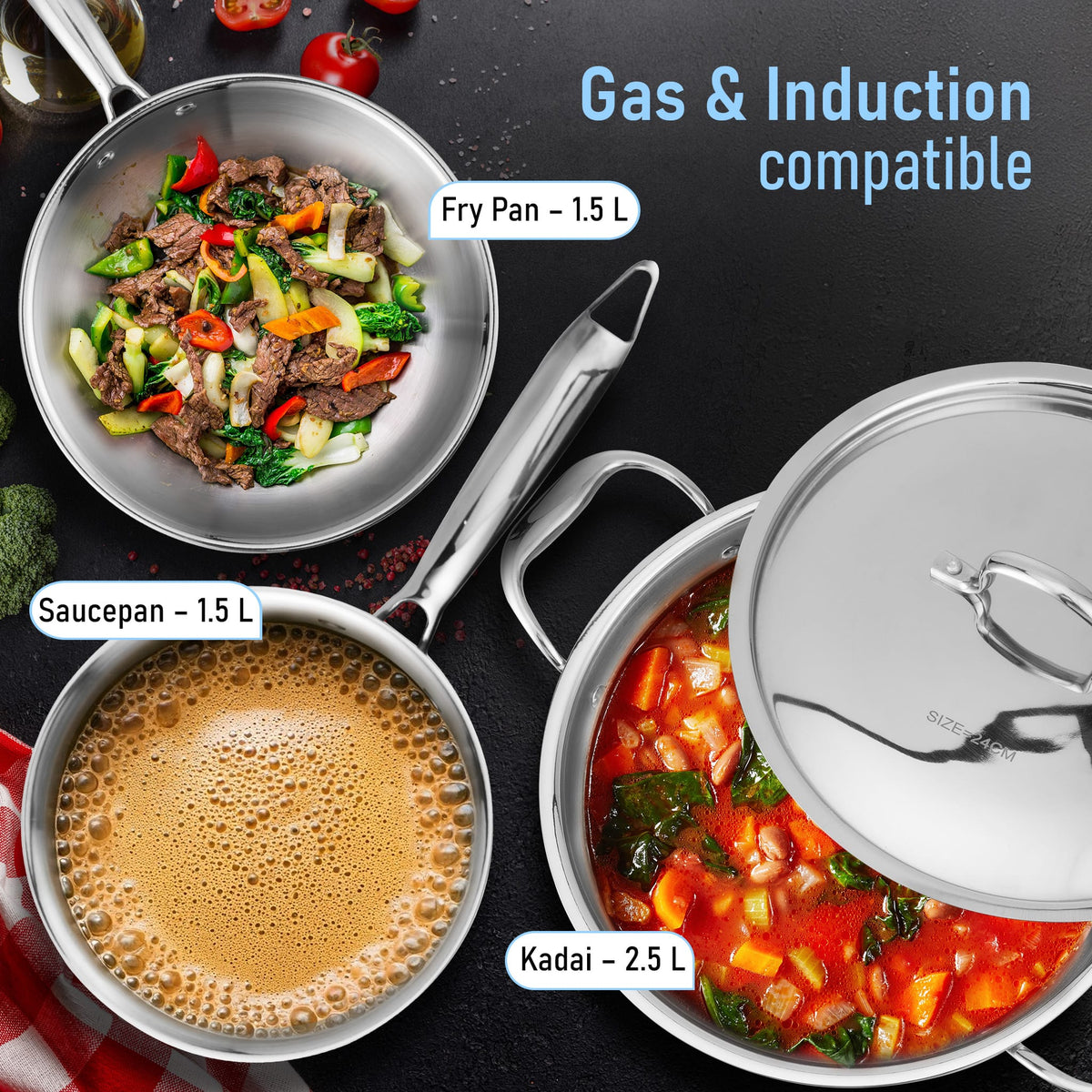 Regency Triply Cookware Set of 3, 24 cm Kadai with Stainless Steel Lid, 22 cm Frying Pan & 16 cm Saucepan