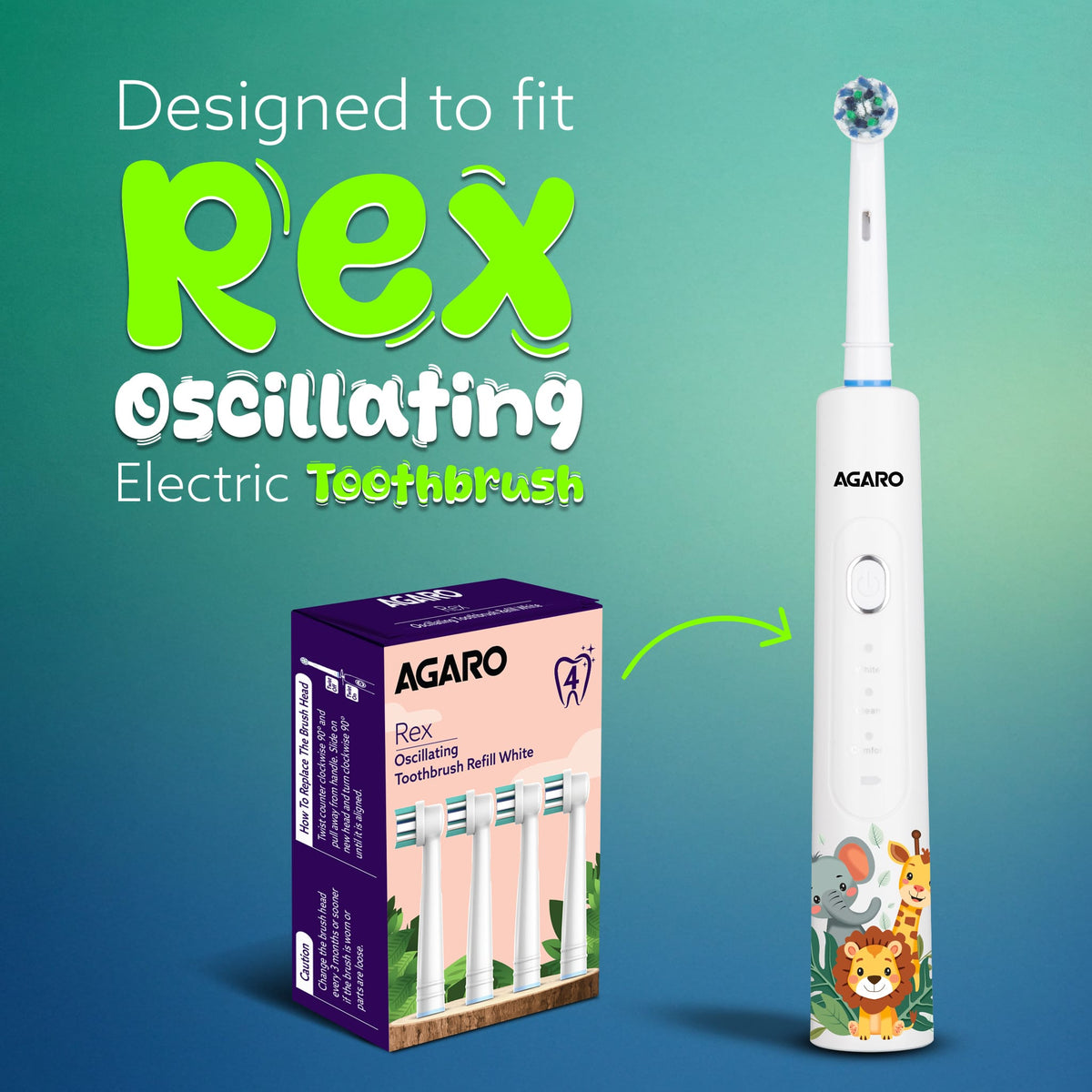 Rex Oscillating Toothbrush Refill Heads, Soft Bristles, Pack of 4
