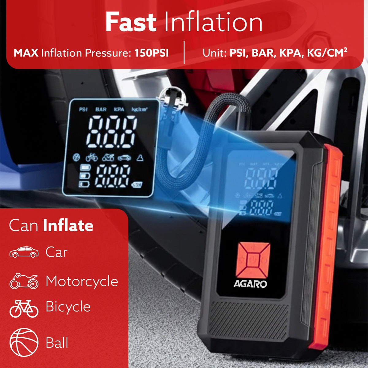 Regal Tyre inflator & Jump Starter, For Cars & Bikes, 12V, Upto 150 PSI, 10000 mAH Powerful Battery, LED Light, Digital Display, Multiple Nozzles