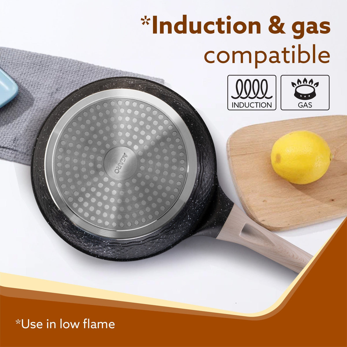 Imperial Granite Non Stick Fry Pan with Glass Lid, 3L / 28cm, Cast Aluminium Body, Omelette Egg Pan, Fish Fry Pan, Gas & Induction Compatible, Dark Grey