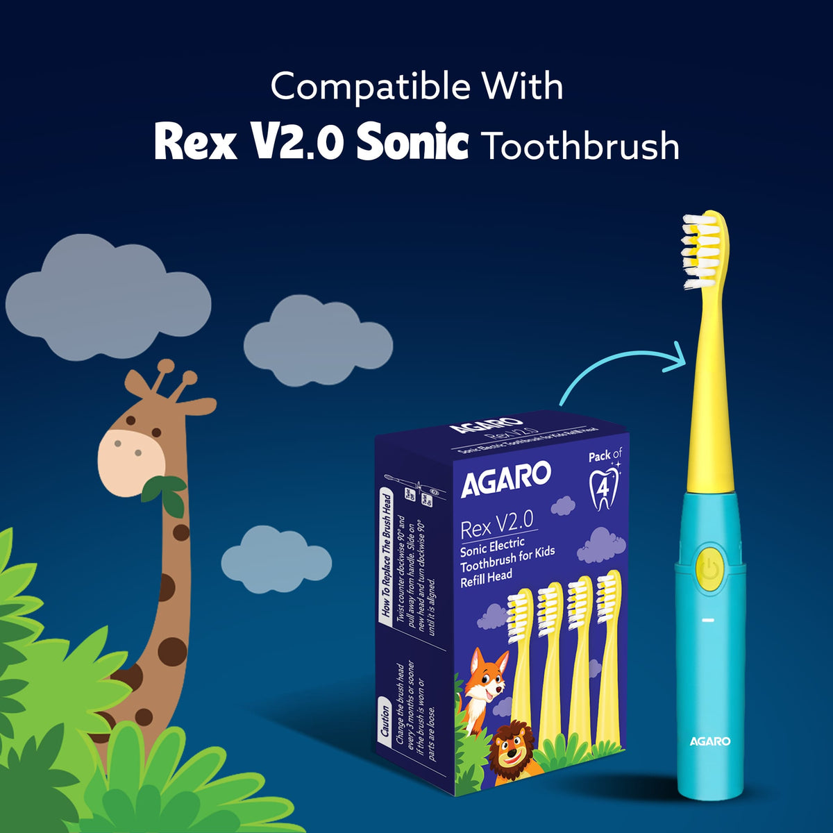 AGARO Rex V2.0 Kids Sonic Toothbrush Refill Heads Pack of 4