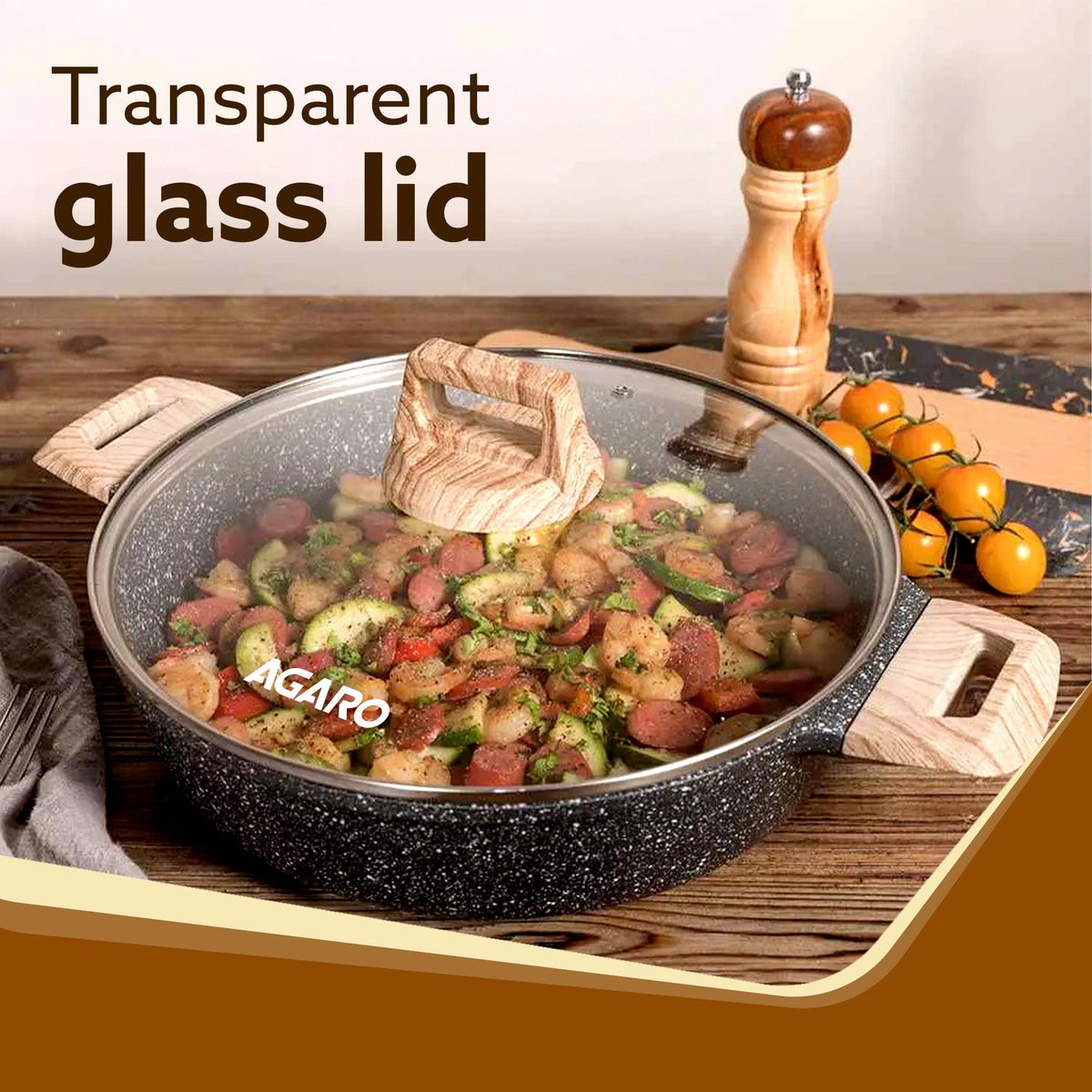 Imperial Granite Non Stick Kadhai with Glass Lid, 3.8L / 28cm,Kadai , Deep Frying Pan, Biryani Pot, Cast Aluminium Body, Gas & Induction Compatible, Dark Grey