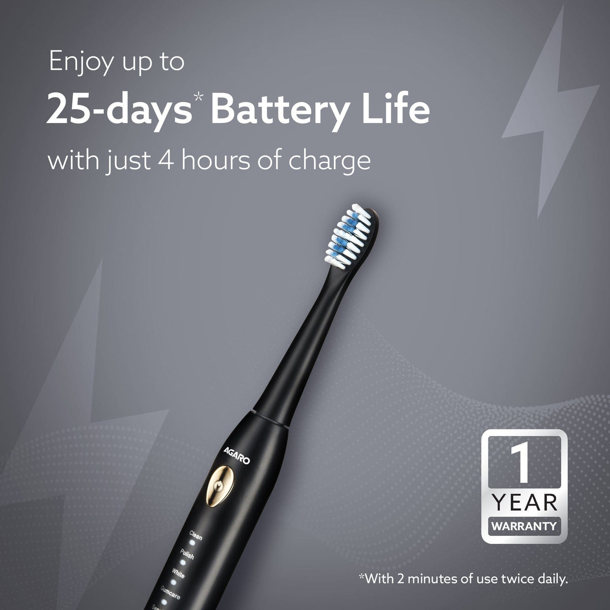 COSMIC LITE Sonic Electric Tooth Brush For Adults With 5 Modes, 2 Brush Heads & Rechargeable With 4 Hours Charge Lasting Up To 25 Days, Power Toothbrush, (Black)