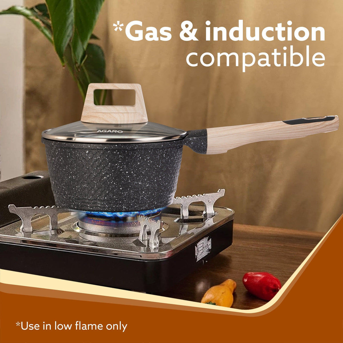 Imperial Granite Non Stick Sauce pan with Glass Lid, 1.5L / 16cm, Cast Aluminium Body, Tea Pan, Milk Pan, Soup Pan, Gas & Induction Compatible, Dark Grey