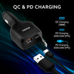 Turbo 84W 3 in1 Car Charger with 86 cm Retractable Cable (30W Type-C PD) & Dual Port (18W USB-A & 30W Type-C) for Android, iPhone, iPad, Earbuds, Tablet, Power Bank & USB-powered devices (Black)