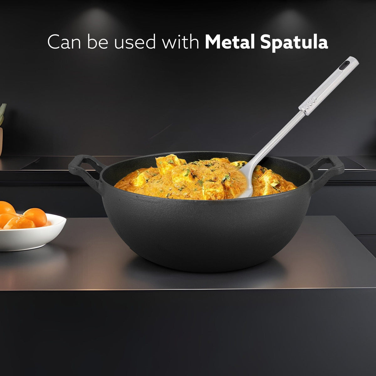 Royal Pre Seasoned Cast Iron Kadai with Glass Lid, No Chemical Coating, Rigid Iron Handle, 4.3L, Uni-Body Design, Fast Heating, Heavy Weight, Gas & Induction Oven Compatible, Cooking, Black