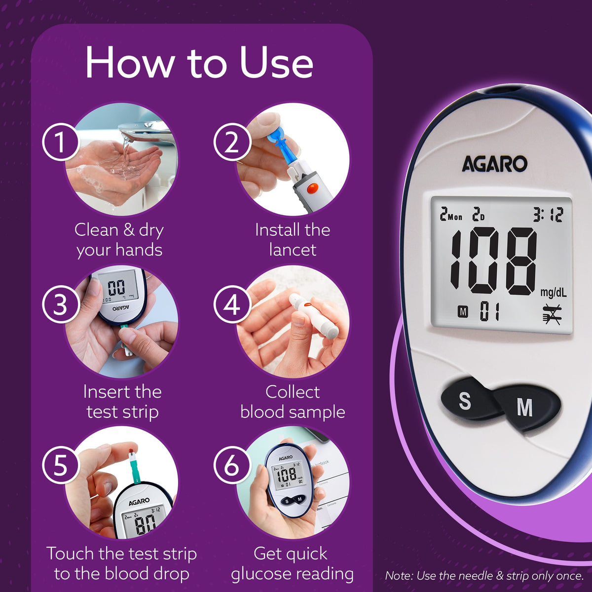 Glucometer, Blood Glucose Monitoring System with 50pcs Strips & Lancets, Glucometer Machine, Instant Blood Sugar Test at Home, Fast Blood Sugar Testing Device, Simple & Accurate, GLM-76