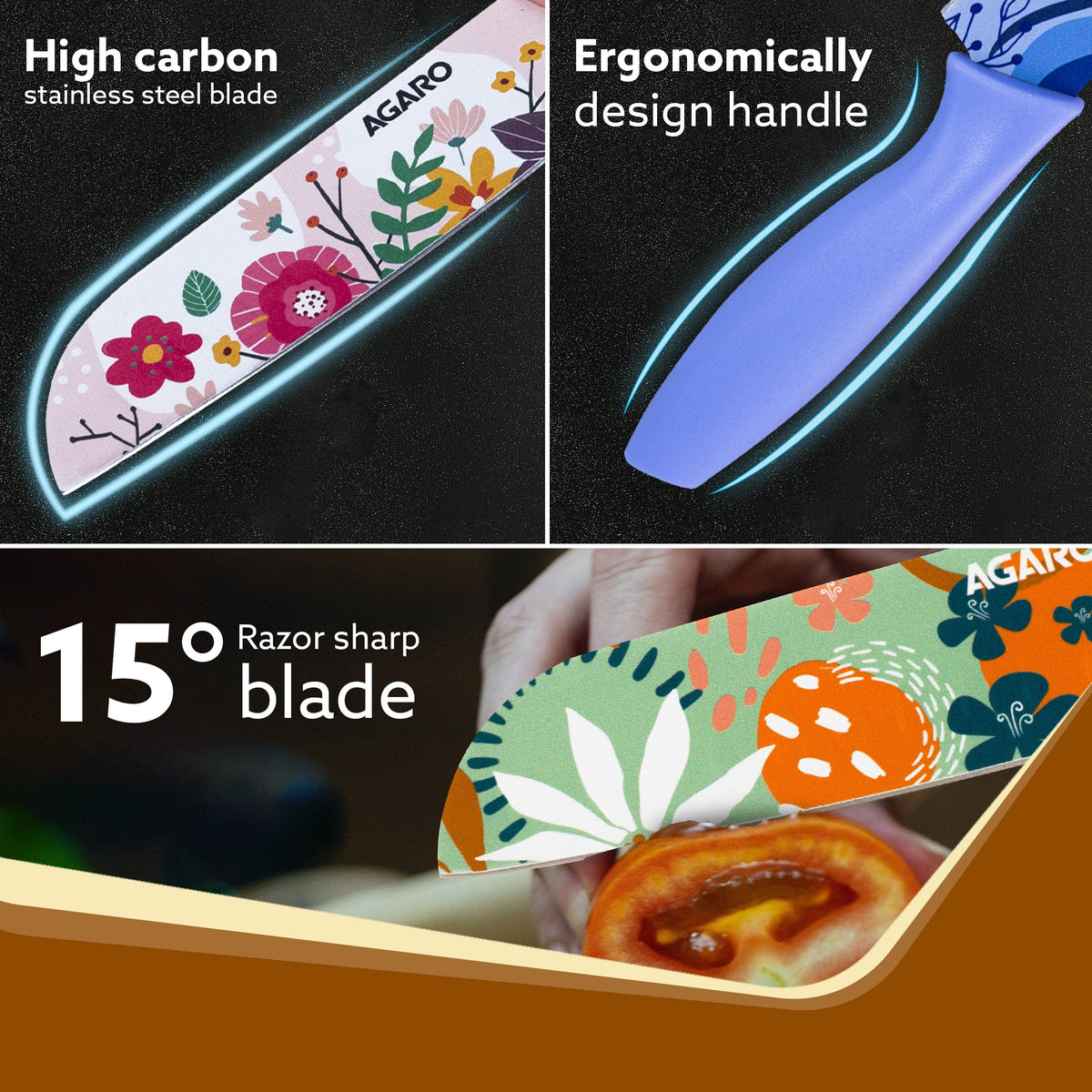 Printed Knife Set, Stainless Steel Knife for Kitchen Use, Set of 3 (Blue, Green, Pink)