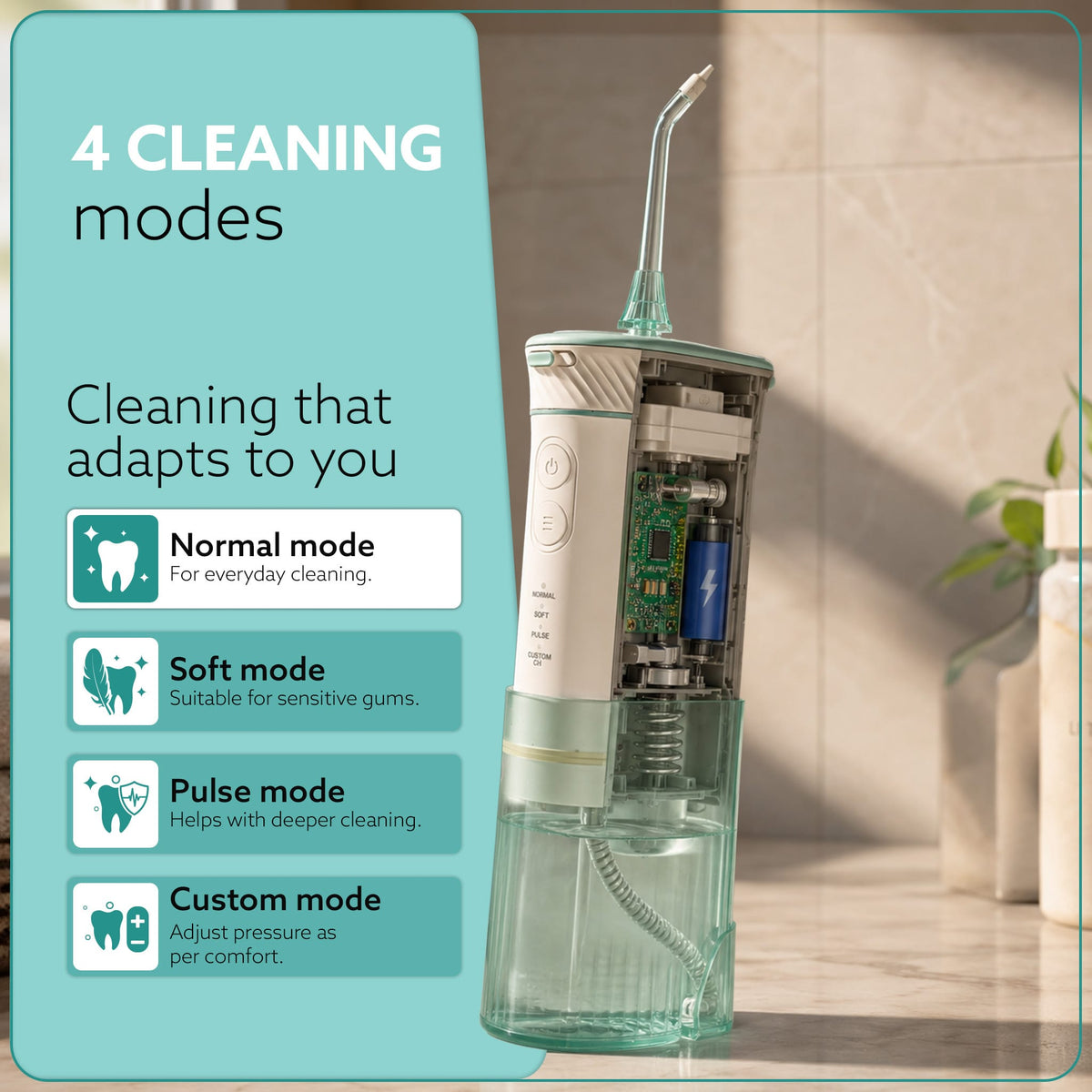 Ultra Travel Dental Flosser for teeth,Portable,Cordless,Rechargeable,4 Cleaning Modes, IPX7 Waterproof,180ml Water tank,Flossing at Home & Travel, Oral Flosser,Oral Irrigator, Sea Green