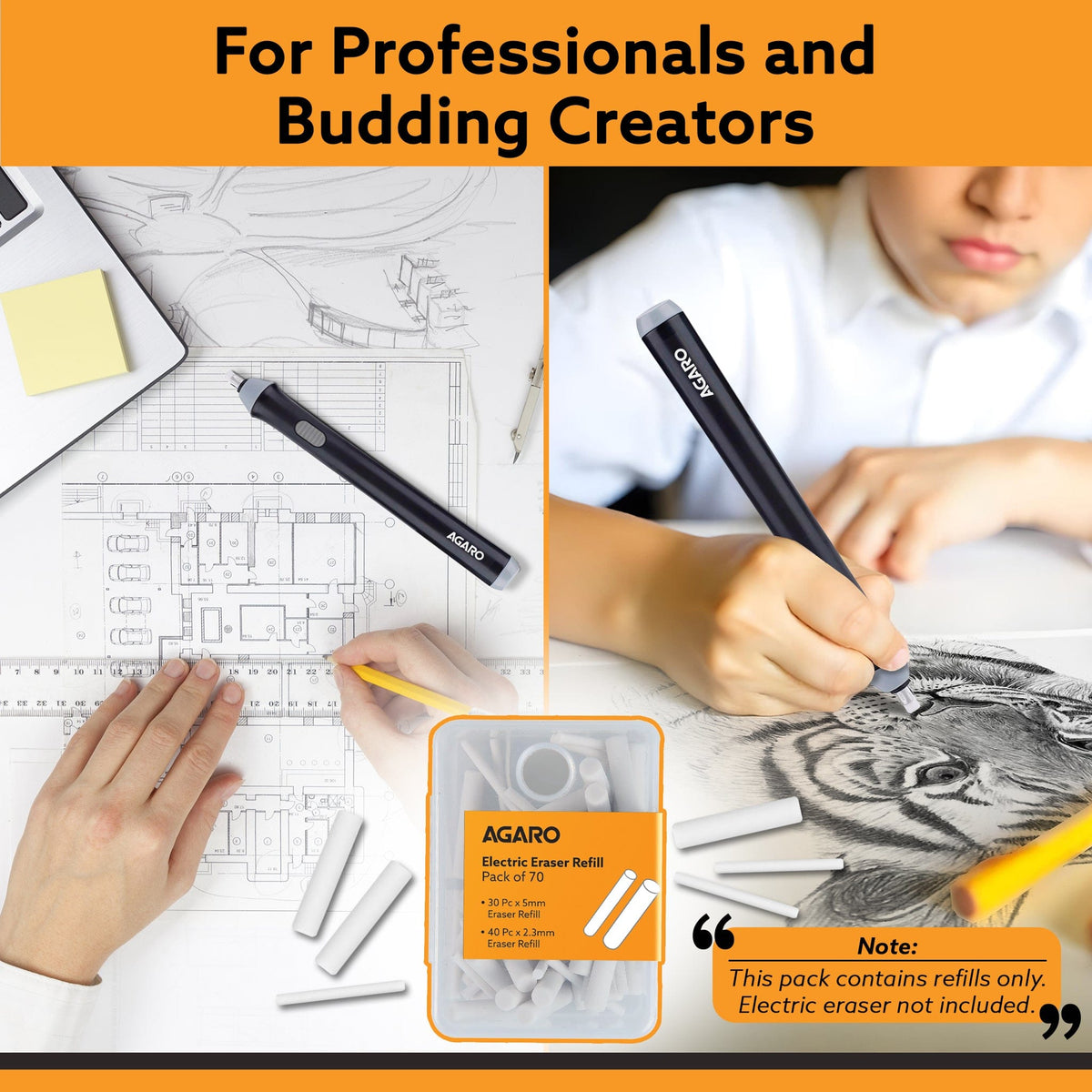 Electric Eraser Refill Pack of 70, 2.3mm & 5mm Eraser, Sketching, Drawing, Portrait Shading