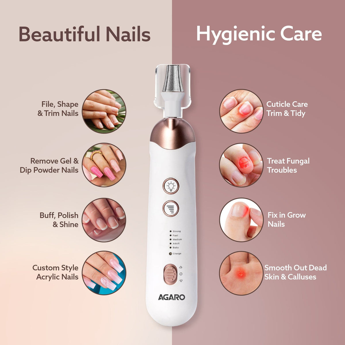 Prima Nail Drill & Polisher, Professional Nail Care at Home, Electric Nail Polisher, Manicure & Pedicure, Shape, Trim & Polish, 5 Speed, 8 Attachments, Rechargeable with Type C, Women, Men