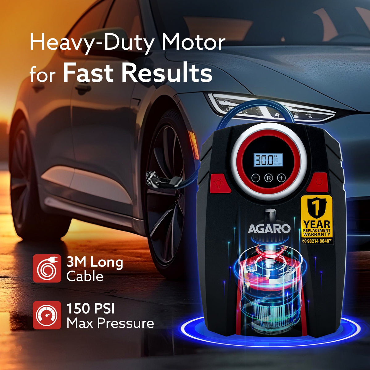 Marvel Tyre inflator, for Cars, 12V, Upto 150 PSI, 120 W Powerful Motor, Up to 3M Long Cable, Digital Display, Multiple Nozzles