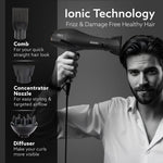 2000W AC Professional Hair Dryer with Comb, Concentrator & Diffuser Nozzles, Hot & Cold Air, 2 Speed & 3 Temperature Settings with Cool Shot, 16A Socket, Hair Dryer & Blower for Men, Black