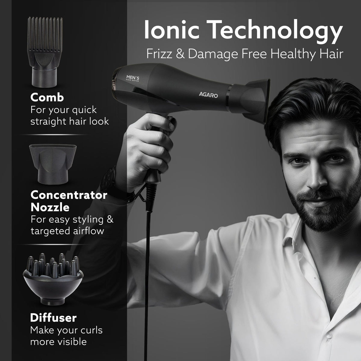 2000W AC Professional Hair Dryer with Comb, Concentrator & Diffuser Nozzles, Hot & Cold Air, 2 Speed & 3 Temperature Settings with Cool Shot, 16A Socket, Hair Dryer & Blower for Men, Black