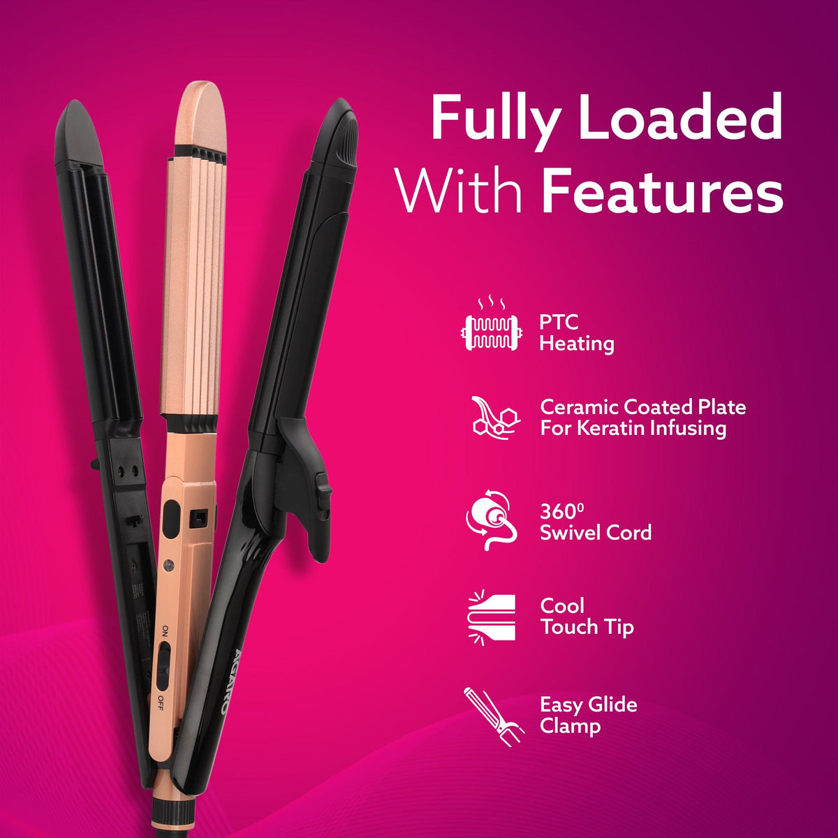 4 in1 hair Straightener,Wavy Hair, Crimper, Curler, Hair Styler, Keratin Infused Ceramic Coated Plate, Variable Style Settings, Hair Styling, Black & Rose Gold, HS1719