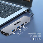 5-in-1 Type-C Multi-Port Hub, 4K@60Hz USB-C to HDMI Adapter, 85W PD Charging, 3× USB-A & USB-C 3.0 Data Ports, SD/TF Card Reader, Compatible with Type-C Devices