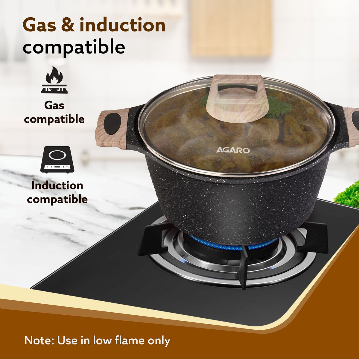 Imperial Granite Non Stick Cookware Set, 4pcs Cookware Set, 24cm &16cm Sauce pan with Lid, 28cm Deep Fry Pan with Lid, Cast Aluminium, Gas & Induction Compatible