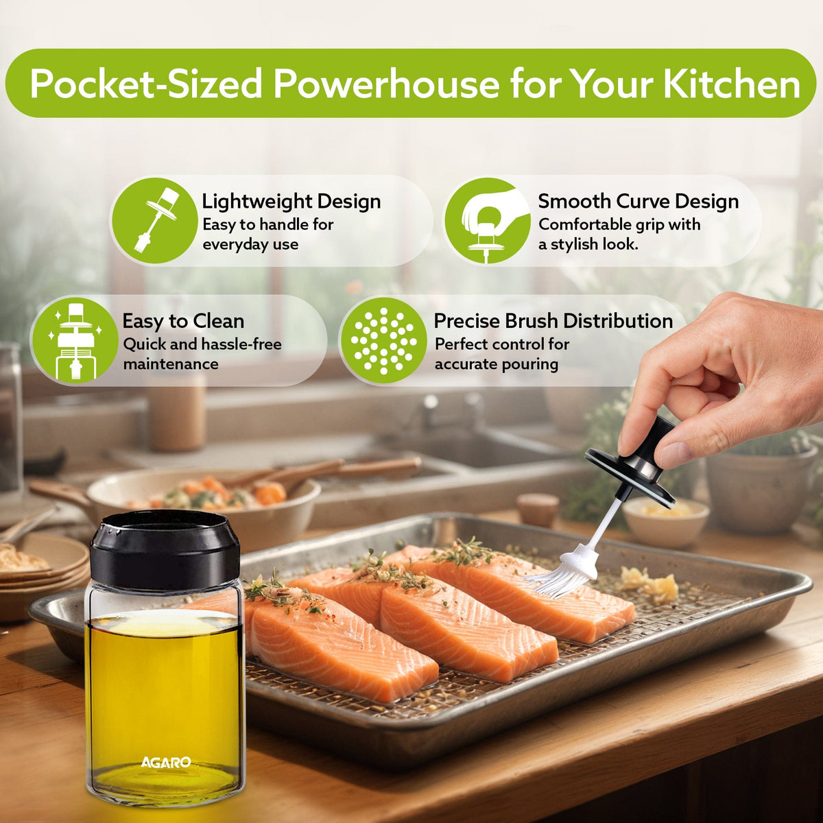 Elegant Glass Oil Bottle with Brush 250ml, Oil Container Bottle for Kitchen, Glass Bottle with Brush for Cooking, Baking, BBQ, Marinating