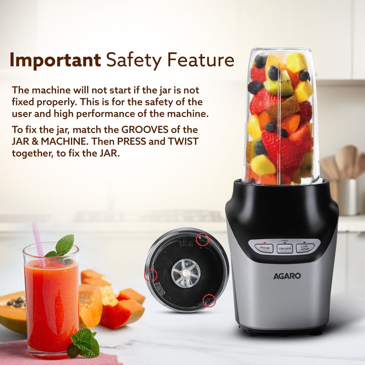 Marvel Nutri Blender, BPA Free 2 Tritan Jars, 1000W, 100% Copper Motor, 2 Speed Modes with Pulse, Detachable Base, Stainless Steel Blades, Blend, Mix, Grind, Smoothie, Juice Maker, Black