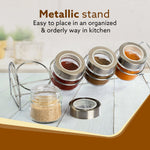 Elegant Glass Spice Jar with Metal Stand, Pack of 4, 100Ml Each, Transparent Body, Steel lid with transparent plastic, Stores Spices