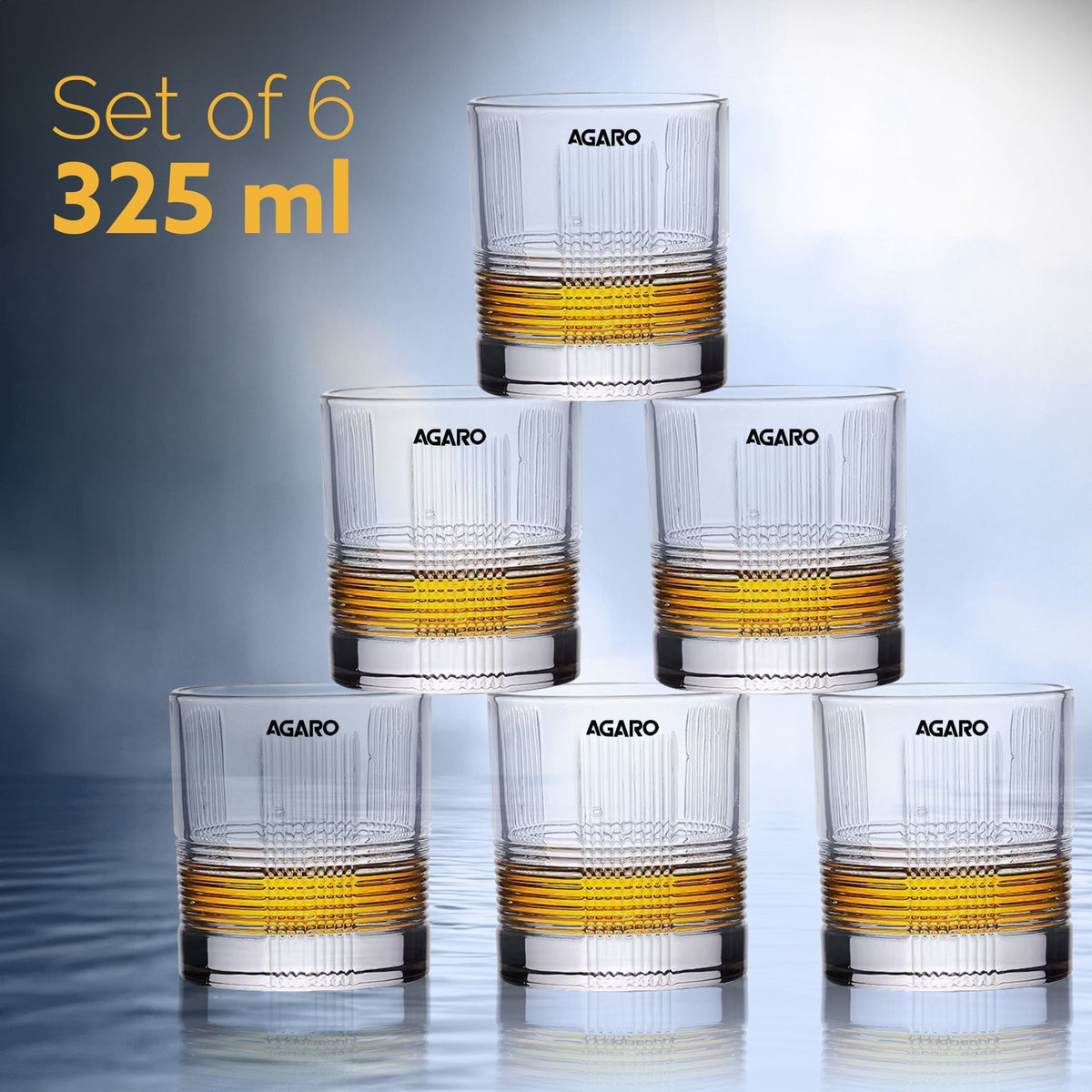 Elegant Whiskey Glass, Set of 6, 325ML, Ribbed Design, Crystal Clear,  Perfect for Scotch, Whisky, Bourbon, Liquor, Wine, Cocktail Drinks , Stylish Design