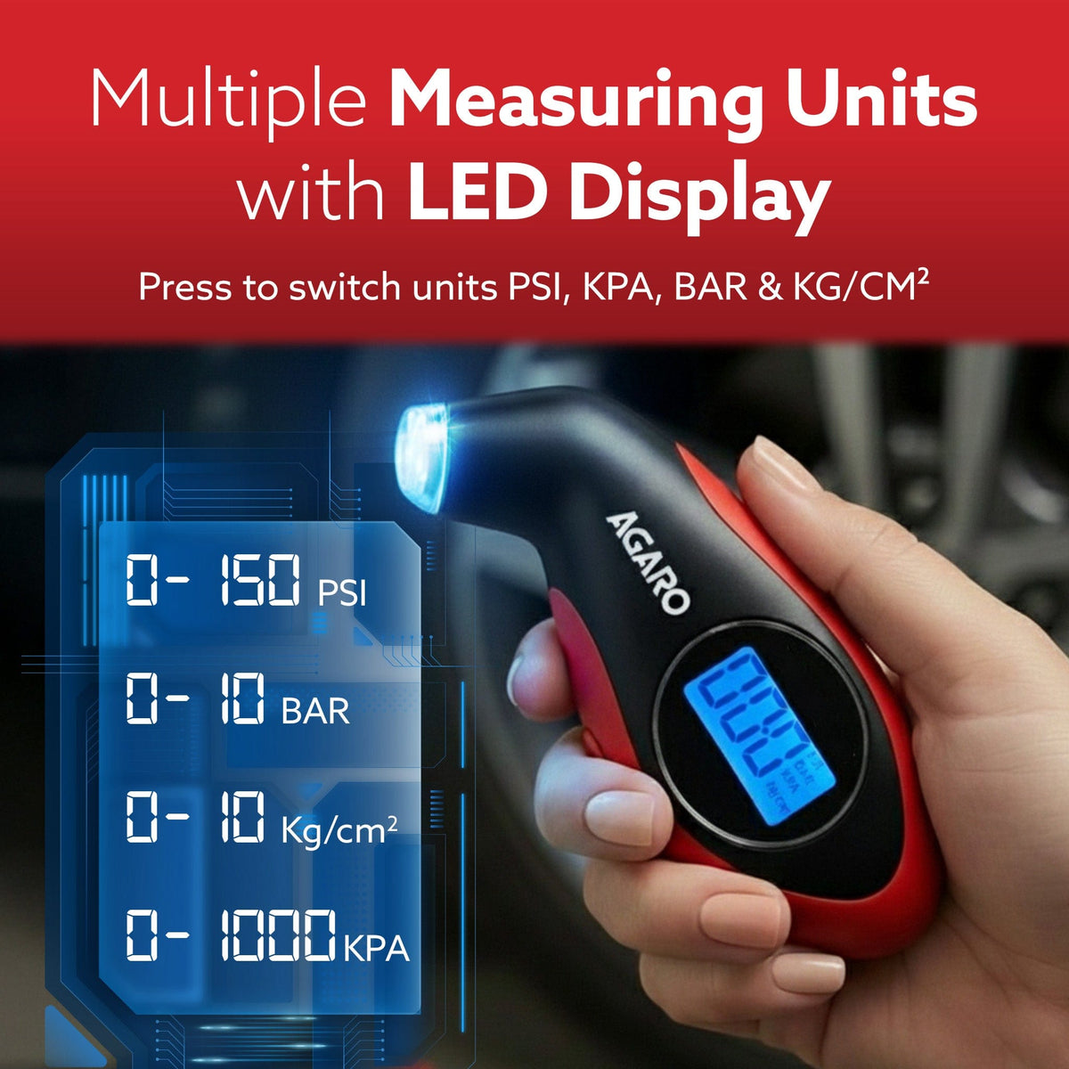 Digital Tyre Pressure Gauge, 0–150 PSI, 4 Units, Backlit LCD, Non-Slip Grip & LED Nozzle, Portable Tyre Pressure Checker for Car, Bike, Motorcycle & Truck Tyres, Red & Black